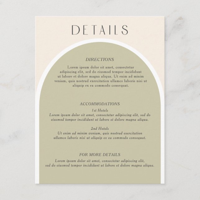 Sage Green Stylish modern arch Wedding detail info Enclosure Card (Front)