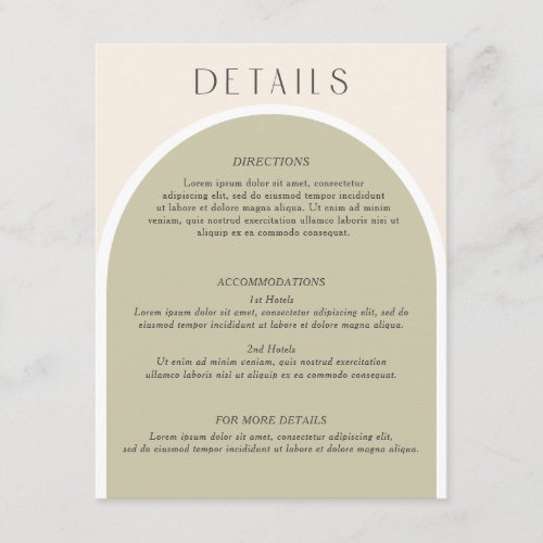 Sage Green Stylish modern arch Wedding detail info Enclosure Card