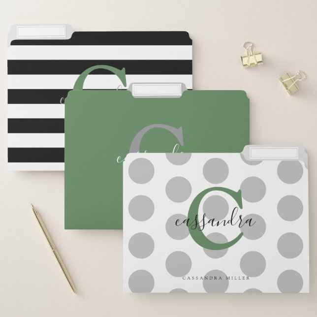 Sage Green Stylish Modern Chic Monogrammed File Folder (Set)