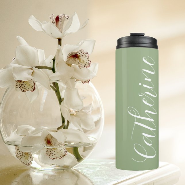 Sage Green Stylized Name Wedding Bridesmaid Thermal Tumbler (In Situ)