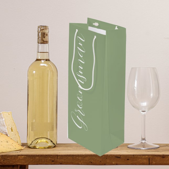 Sage Green Stylized Script Wedding Groomsman Wine Gift Bag (In Situ)