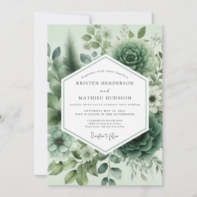 Sage Green Succulent Bloom Wedding Invitation (Front)