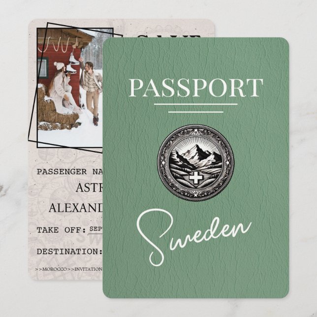 Sage Green Sweden Passport Save The Date (Front/Back)