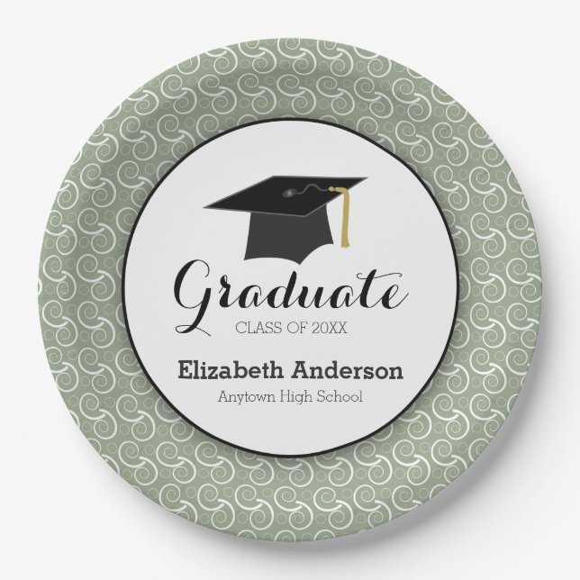 Sage Green Swirl Pattern Graduation Party Paper Plates (Front)