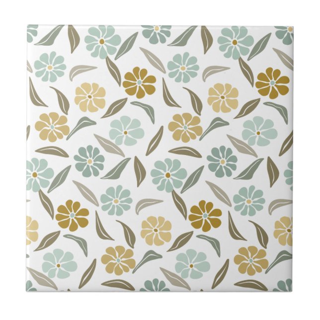 Sage green tan retro floral pattern ceramic tile (Front)