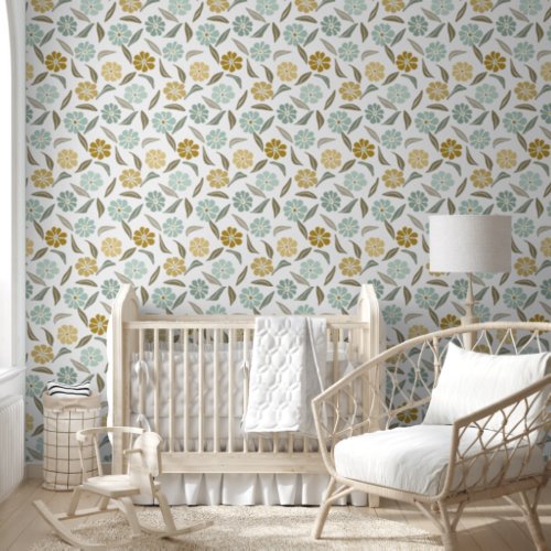 Sage green tan retro floral pattern wallpaper 