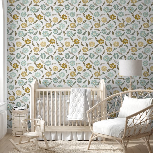 Sage green tan retro floral pattern wallpaper  (Kids)