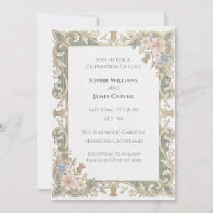 Sage Green Tartan Thistle Wildflower Scottish Wedd Invitation