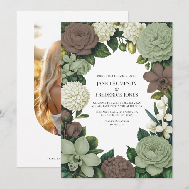 Sage Green, Taupe & Ivory Floral Wedding Invitation (Front/Back)