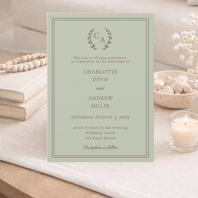 Sage green taupe wreath monogram simple wedding  invitation (Creator Uploaded)