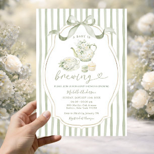 Sage Green Tea Party Baby Shower Stripe Invitation