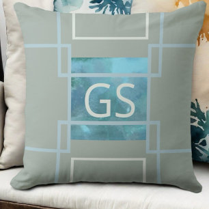 Sage green teal blue monogram watercolor modern throw pillow