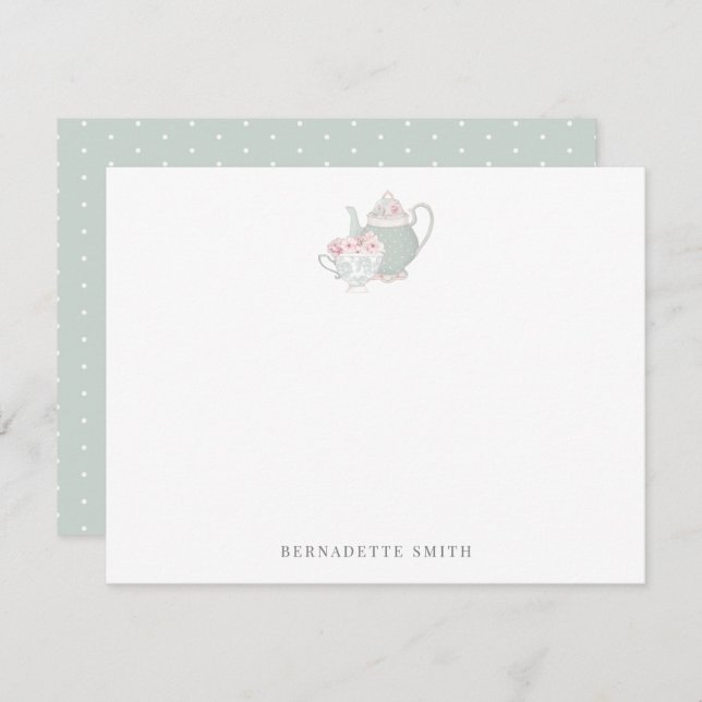 Sage Green Teapot & Tea Cup Stationery Note Card (Front/Back)