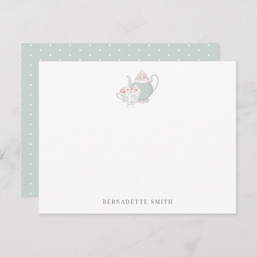 Sage Green Teapot  Tea Cup Stationery Note Card