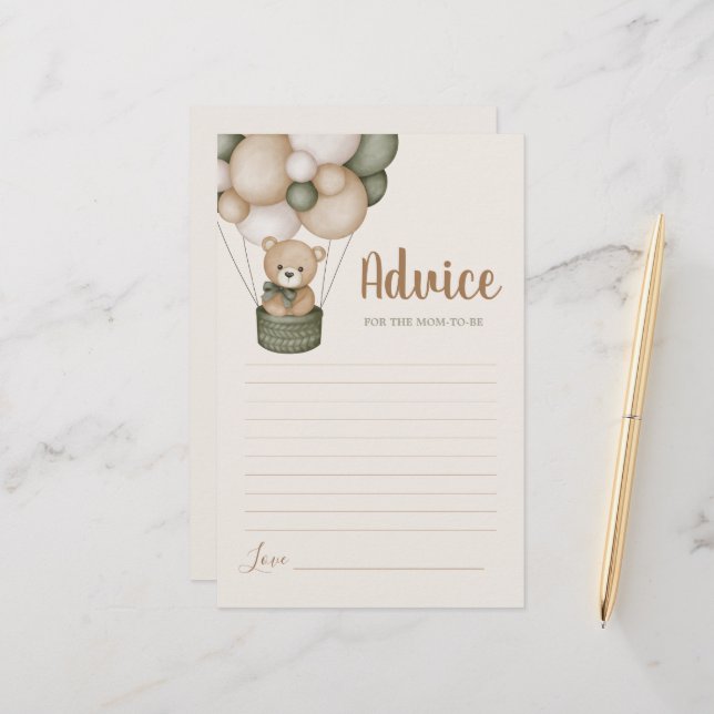 Sage Green Teddy Bear Advice for Mom To Be card (Front/Back In Situ)