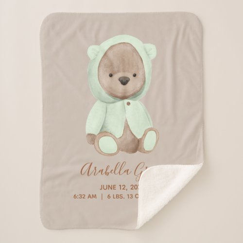 Sage Green Teddy Bear Baby Birth Stats Sherpa Blanket