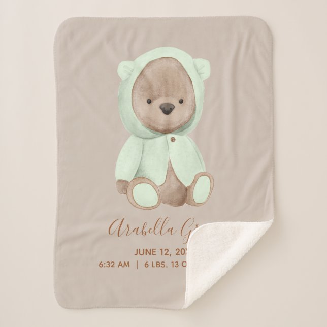 Sage Green Teddy Bear Baby Birth Stats Sherpa Blanket (Front)
