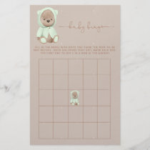 Sage Green Teddy Bear Baby Shower Bingo Game Flyer