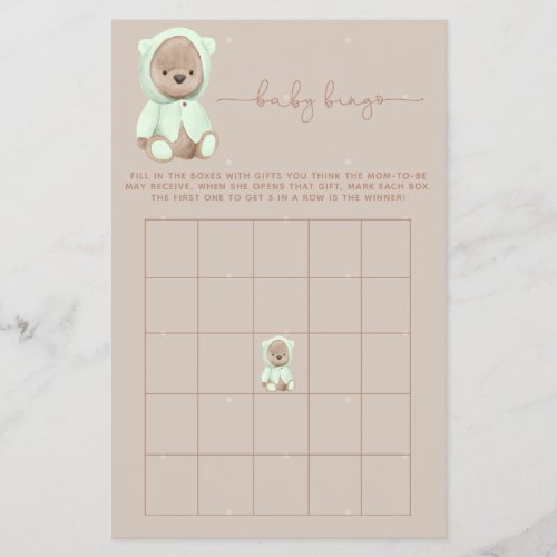 Sage Green Teddy Bear Baby Shower Bingo Game Flyer