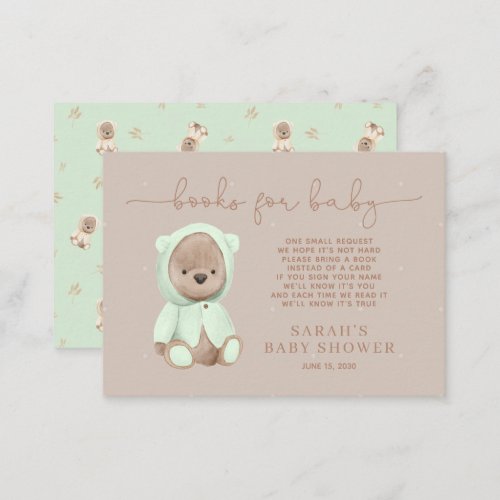 Sage Green Teddy Bear Baby Shower Book Request Enclosure Card
