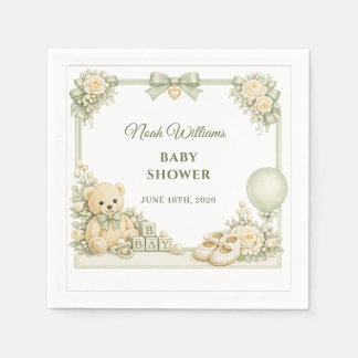 Sage Green Teddy Bear Baby Shower Paper Napkins
