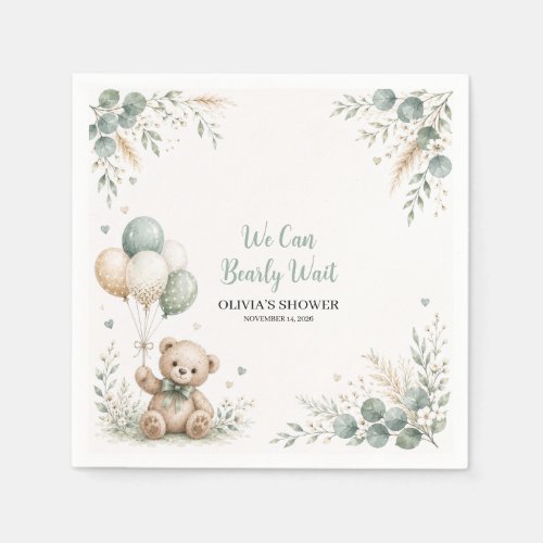 Sage Green Teddy Bear Baby Shower Paper Napkins