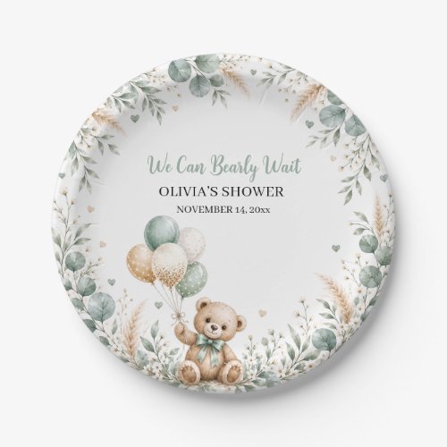 Sage Green Teddy Bear Baby Shower Paper Plates