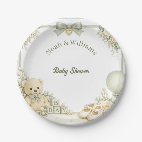 Sage Green Teddy Bear Baby Shower Paper Plates