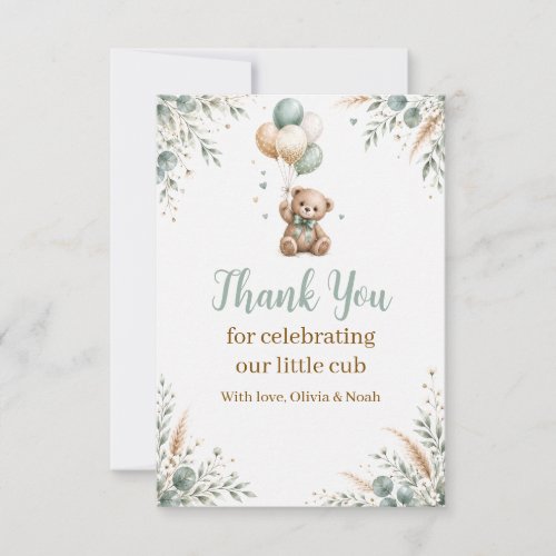 Sage Green Teddy Bear Baby Shower Thank You Card