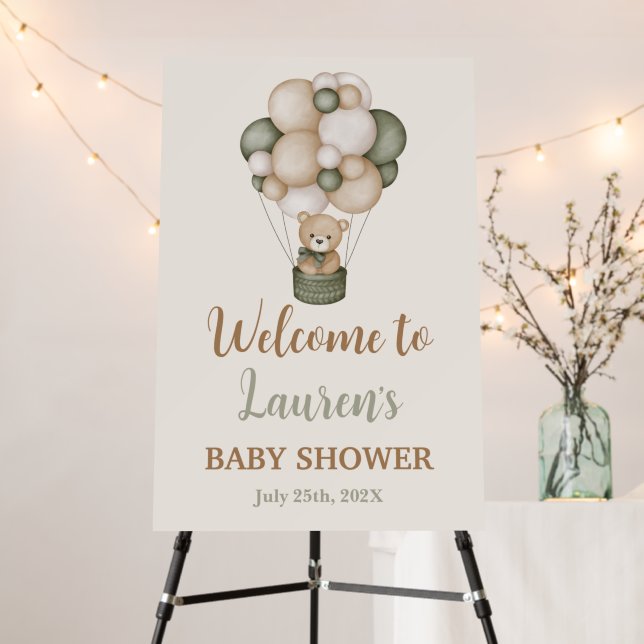 Sage Green Teddy Bear Baby Shower Welcome sign (In Situ (Stand))
