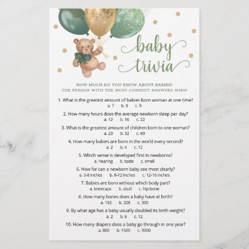 Sage Green Teddy Bear Baby Trivia Game Baby Shower