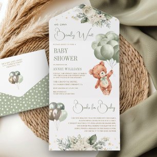 Sage Green Teddy Bear Balloons Floral Baby Shower All In One Invitation