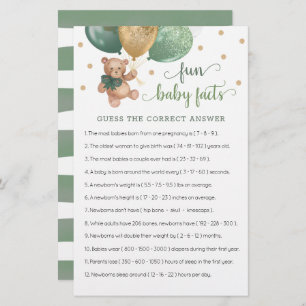 Sage Green Teddy Bear Fun Baby Facts Game