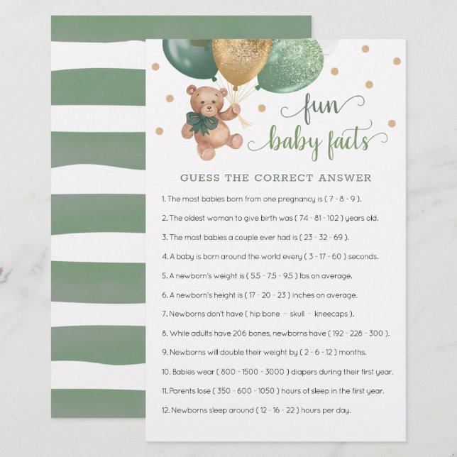 Sage Green Teddy Bear Fun Baby Facts Game (Front/Back)