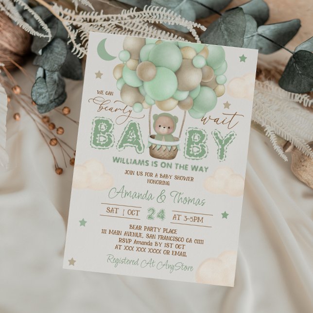 Sage Green Teddy Bear Hot Air Balloon Baby Shower  Invitation (Creator Uploaded)