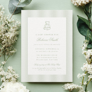 Sage Green Teddy Bear Preppy Elegant Baby Shower Invitation