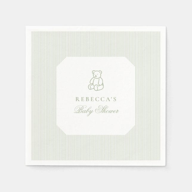 Sage Green Teddy Bear Preppy Elegant Baby Shower Napkins (Front)
