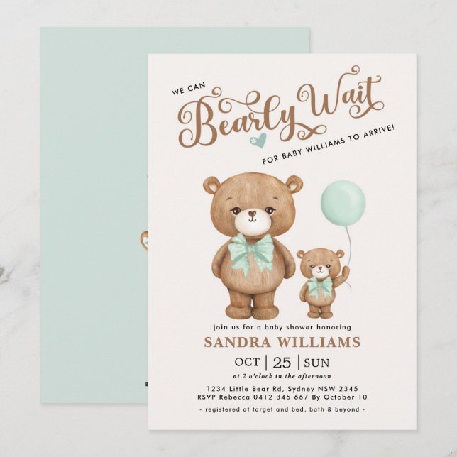 Sage Green Teddy Bear We Can Bearly Wait Shower Invitation (Front/Back)