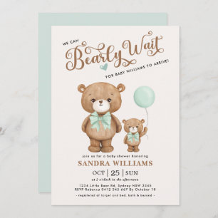 Sage Green Teddy Bear We Can Bearly Wait Shower Invitation