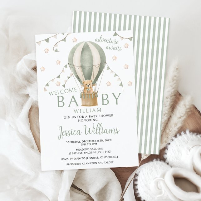 Sage Green Teddy Hot Air Balloon Baby Boy Shower Invitation (Creator Uploaded)
