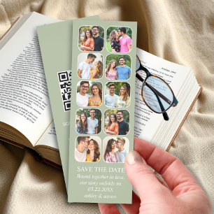 Sage green ten photos and QR code Save the Date Bookmarks