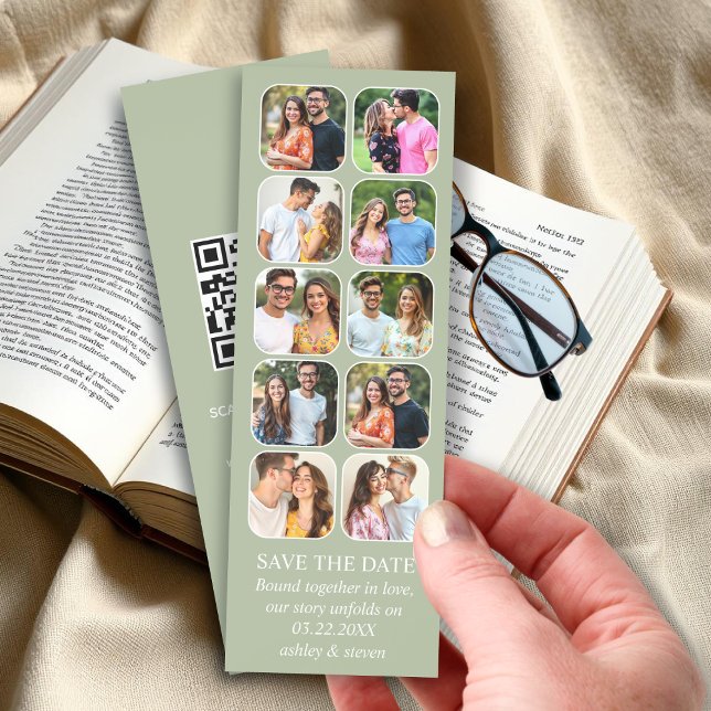 Sage green ten photos and QR code Save the Date Bookmarks (Creator Uploaded)