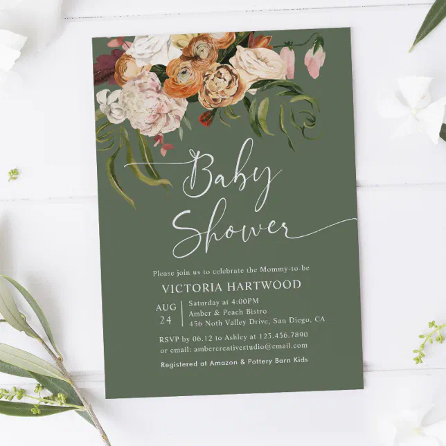 Sage Green Terracotta Boho Florals Baby Shower Invitation | Zazzle