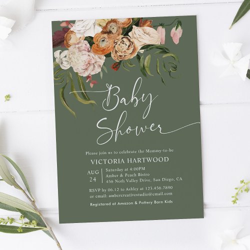Sage Green Terracotta Boho Florals Baby Shower Invitation