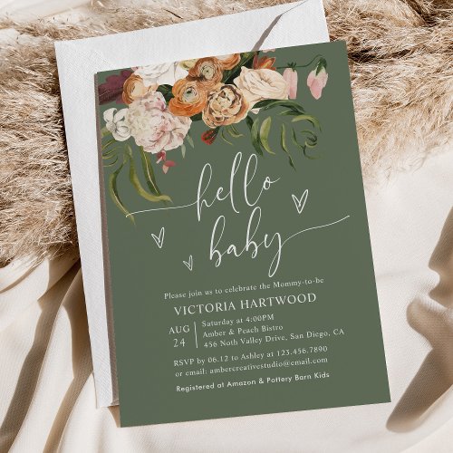 Sage Green Terracotta Fall Florals Baby Shower Invitation