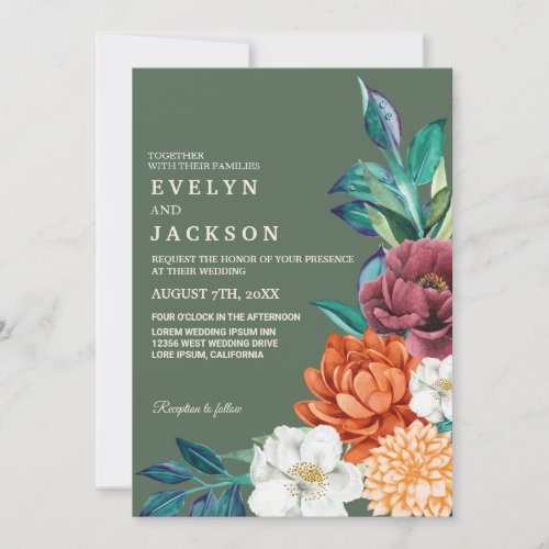 Sage green Terracotta floral Fall Wedding  Invitation