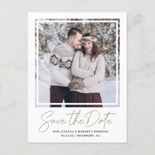  Sage Green Text and Photo Save the Date Announcem Announcement Postcard