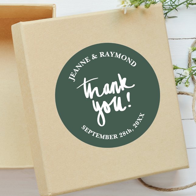 Sage Green Thank You Calligraphy Wedding Favor Classic Round Sticker (Creator Uploaded)