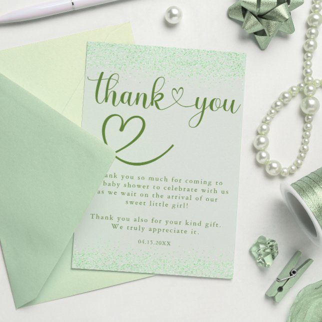 Sage Green Thank You Heart Confetti Script Card (Creator Uploaded)