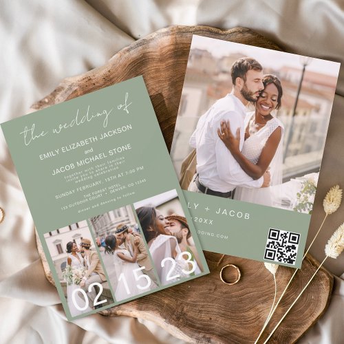 Sage Green The Wedding of Calligraphy QR code  Invitation